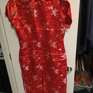 Vibrant Red Floral Satin Dress